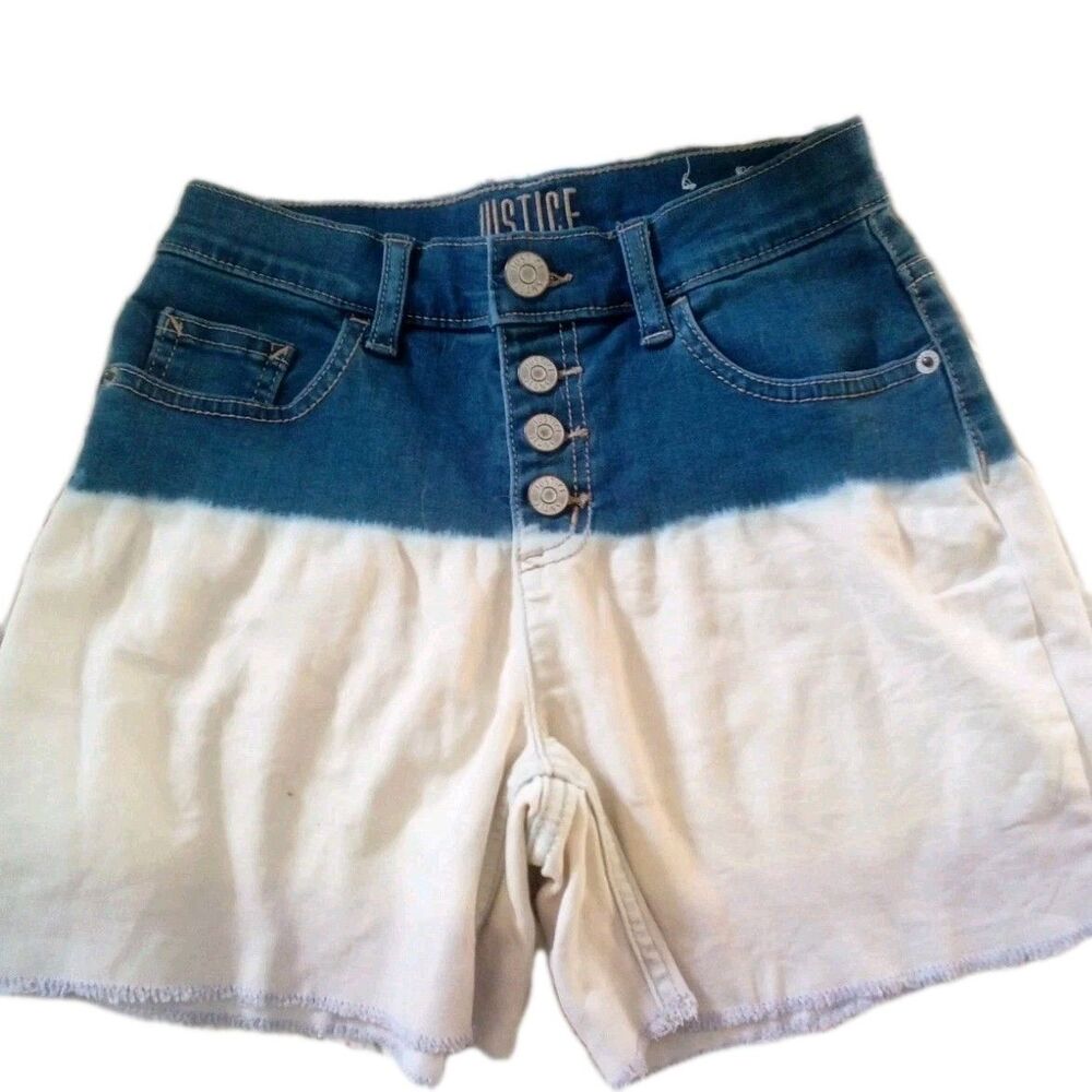 Justice Bleached Denim Shorts Raw Hem Button Front Look W/Snaps Sz 12 24x4.25